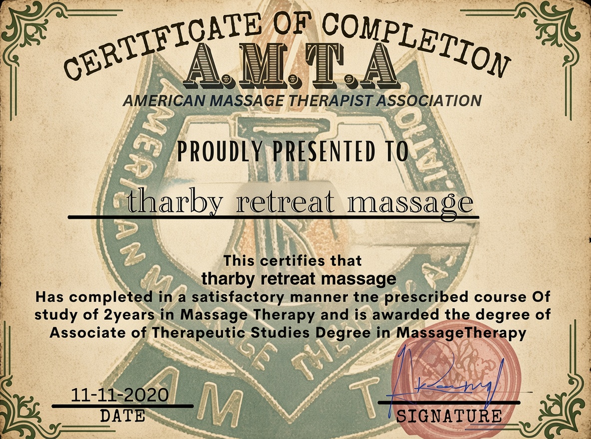 Certificate of completion from the American Massage Therapist Association presented to Tharby Retreat Massage
